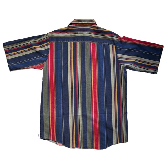 90s Ash Creek Trading Short Sleeve Button Down Vertical Stripe Large Blue Red - Picture 2 of 3